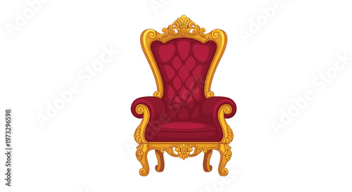 A luxurious royal throne features plush deep red tufted velvet upholstery surrounded by an intricately carved and polished golden frame on white ground.