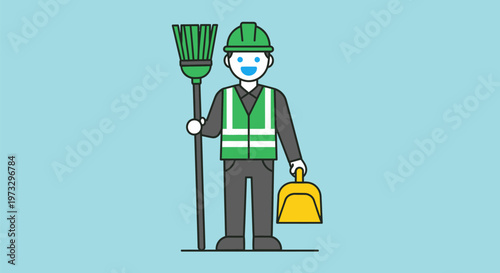 Smiling Street Sweeper with Broom and Dustpan Illustration.