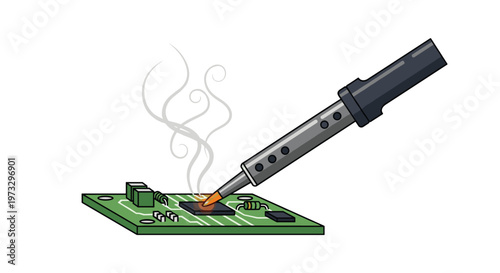 A precision soldering iron with a glowing orange heated tip applies molten metal to a green electronic circuit board while wisps of grey smoke drift upward.