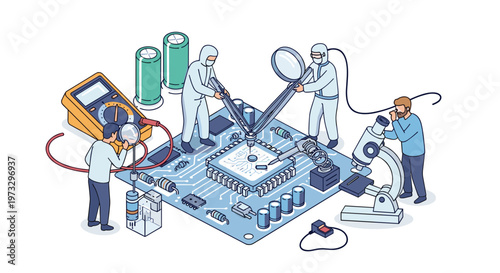 Meticulous technicians in white protective cleanroom suits use specialized magnifying tools and probes to repair a complex blue integrated circuit board assembly.