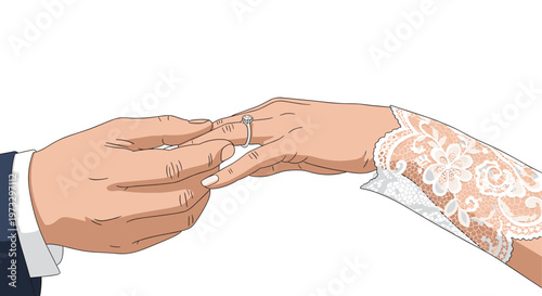 An intimate close-up shot captures a man's hand sliding a sparkling diamond engagement ring onto a woman's finger adorned with a delicate white lace sleeve.