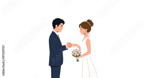 A handsome groom in a dark navy suit carefully places a diamond ring on the bride's finger during a romantic wedding ceremony against a white backdrop.