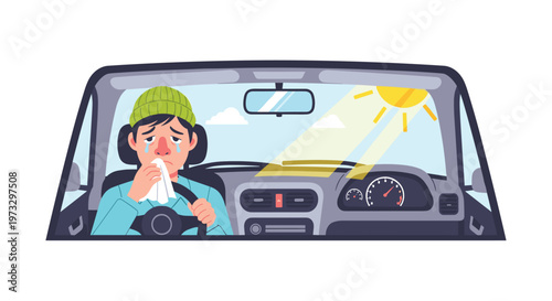 A distressed driver suffering from seasonal allergies or a cold wipes his nose with a tissue while bright sunlight streams through the car windshield.