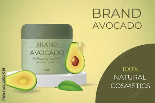 Avocado cream. A package for product placement. 3d illustration. Cosmetic skin care cream based on avocado oil. Vector illustration