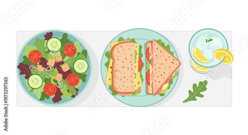 Delicious meal with salad sandwich and lemonade on plates