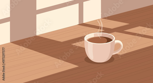 Vector graphic illustration of a steaming hot coffee cup on a wooden table by the window