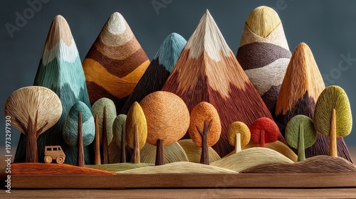 Creative paper art shows mountains and trees in various colors