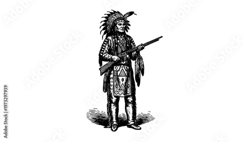 Apache Warrior with Rifle Vintage Engraving Style Illustration, Native American Tribal Line Art