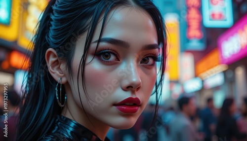 Elegant Cyberpunk Woman Portrait with Hoop Earring in Vibrant City Background
