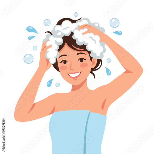 A vibrant image of a woman happily shampooing her hair while enjoying a refreshing shower, conveying a sense of cleanliness, self-care, and personal well-being.