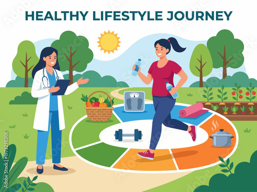 This inspiring image illustrates a woman engaging in a healthy lifestyle journey, guided by a doctor, highlighting the importance of fitness, nutrition, and well-being.