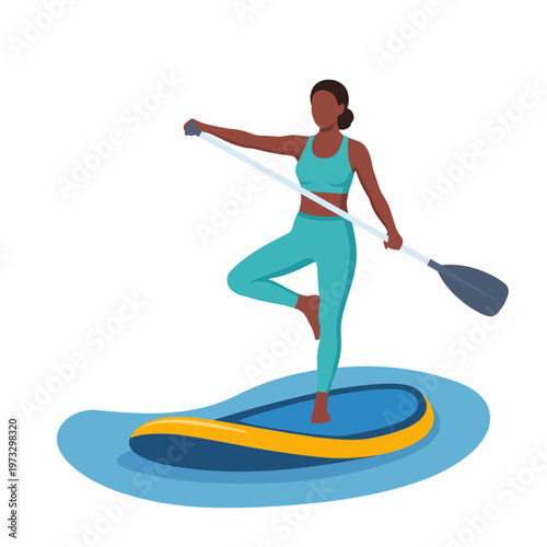 This image features a woman balance paddleboarding on a serene body of water, capturing the essence of fitness, outdoor activities, and a healthy lifestyle.