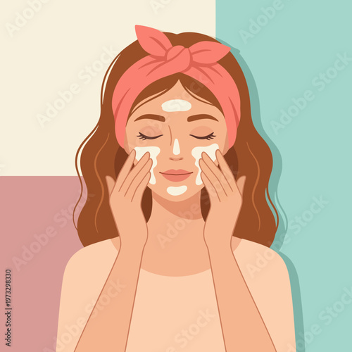 A woman is seen applying facial cleanser to her face, showcasing the importance of skincare. She appears relaxed and engaged in a self-care routine, perfect for beauty-focused audiences.