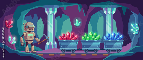 A robotic character is depicted mining colorful gems in a whimsical cave setting. This playful scene combines technology with fantasy, appealing to both sci-fi fans and game designers.
