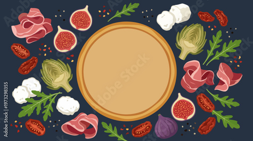 A beautifully arranged selection of gourmet foods, including figs and cheeses, creates an inviting ambiance, ideal for culinary enthusiasts and those who love food styling.