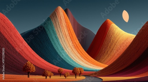 Colorful mountains and a bright sun at sunset