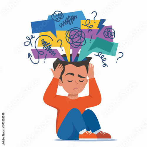 An illustration of a worried child holding their head as colorful chaotic thoughts and questions overflow from their mind, representing anxiety and emotional overwhelm.