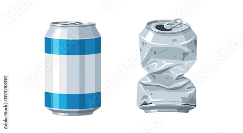 A pristine blue and white striped aluminum soda can stands next to a heavily dented and crushed silver metal container on a stark white background.