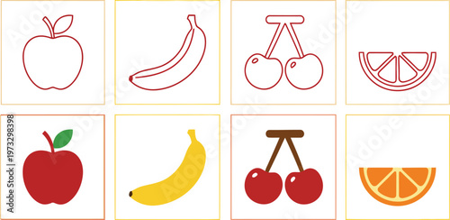 Set of outline and colored fruit icons