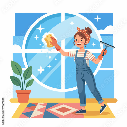 This vibrant illustration features a girl enthusiastically cleaning a window, symbolizing positivity and the satisfaction found in everyday chores and personal space maintenance.