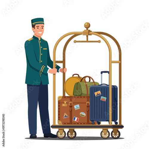 This vibrant digital art showcases a cheerful hotel bellboy happily pushing a luggage cart filled with colorful suitcases, capturing a sense of travel and hospitality.