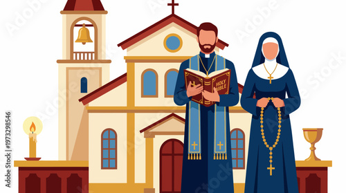 This illustration depicts a priest and a nun standing outside a beautifully designed church, emphasizing community, faith, and tradition in a religious setting.