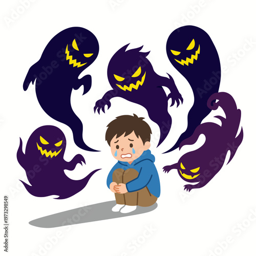 An emotional illustration depicting a scared child sitting on the floor, surrounded by ominous, ghostly apparitions showing a fearful and anxious expression.