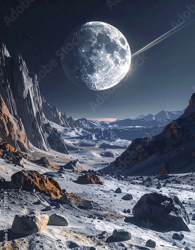 Majestic vista of a celestial body with rings, dominating the night sky over a mountainous, snow-covered terrain