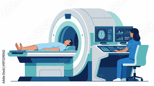 An illustration capturing a patient lying on an MRI scanning table, while a technician monitors the procedure, symbolizing medical technology and health diagnostics.