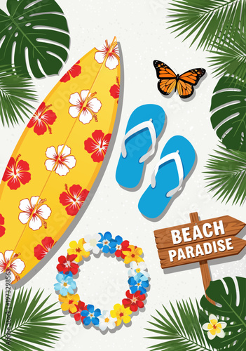 Bright summer beach paradise vacation vector illustration with surfboard, flip-flops, and tropical foliage