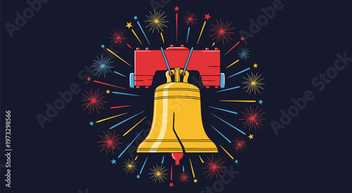 A vibrant vector illustration of the Liberty Bell with colorful fireworks, celebrating freedom and independence in a festive display