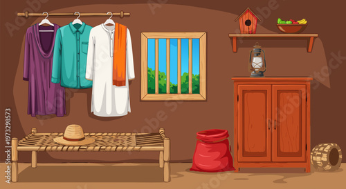 A warm and inviting vector illustration of a rustic Indian village room with traditional furniture and clothing, perfect for cultural depictions