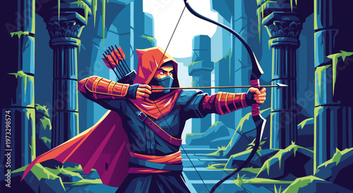 Pixelated Archer Hero in Ancient Ruins A Digital Vector Illustration of Stealth and Combat Strategy