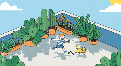Happy boy running with cat on rooftop garden, surrounded by potted plants and cacti.