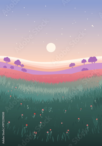 A serene vector illustration of a rolling meadow at dusk, painted with soft pastels and scattered with tiny red wildflowers under a faint moonlit sky