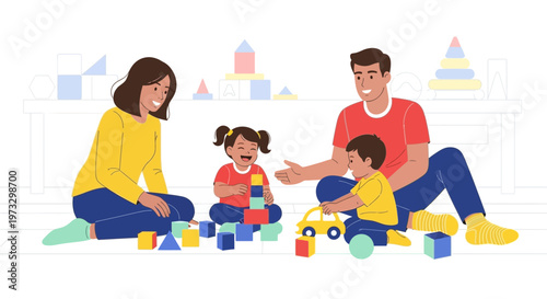 Happy family playing with colorful blocks, enjoying quality time together indoors.