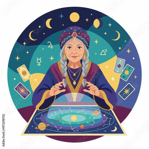 An enchanting fortune teller surrounded by astrological symbols and celestial bodies, offering insights and guidance, capturing the essence of mysticism and curiosity.