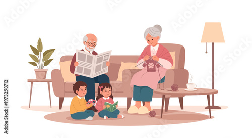 Happy Family Relaxing at Home: Grandparents Knitting and Reading, Kids Playing