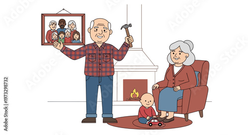 Happy grandparents with family portrait and baby playing