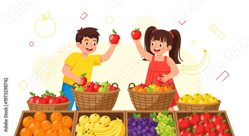 Happy kids picking fresh apples and fruits at a vibrant market stall