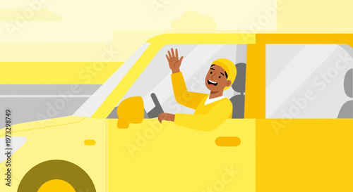 Happy man driving yellow car waving hello, friendly greeting, sunny day, cheerful mood