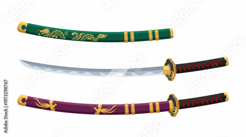 An artistic display of three uniquely designed samurai swords, showcasing intricate details and colorful handles, embodying craftsmanship and cultural significance.