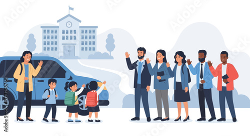 Happy parents wave goodbye to children starting school, car and building background