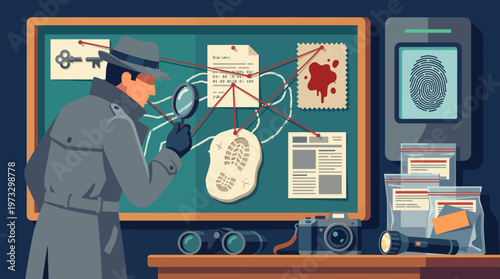 A detective is meticulously examining evidence on a chalkboard, connected with red threads, showcasing a gripping investigative process and the pursuit of solving a complex case.
