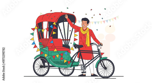 Happy Rickshaw Driver in Festive Attire with Decorated Cycle Rickshaw and Confetti