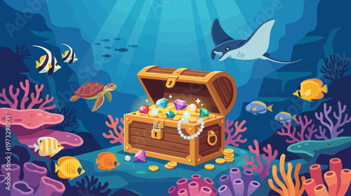 An enchanting underwater scene featuring a treasure chest overflowing with gems and surrounded by colorful fish, showcasing the beauty and mystery of ocean life and exploration.