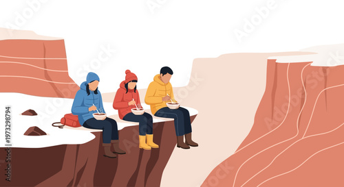 Hikers eating lunch on a cliff edge in a snowy canyon