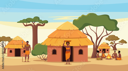 This vibrant illustration portrays a traditional village scene featuring mud huts, people engaging in daily activities, and showcasing a rich cultural heritage.