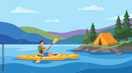 A person kayaks peacefully across a tranquil lake with a tent visible on the shore, capturing the essence of adventure and outdoor enjoyment in a beautiful natural setting.