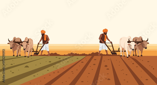 Indian Farmers Plowing Fields with Oxen, Traditional Agriculture Scene